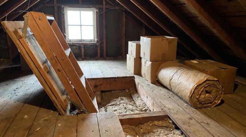 Cluttered residential attic with rafters, boxes, and old insulation ready for an attic cleanout in Garden City, Idaho