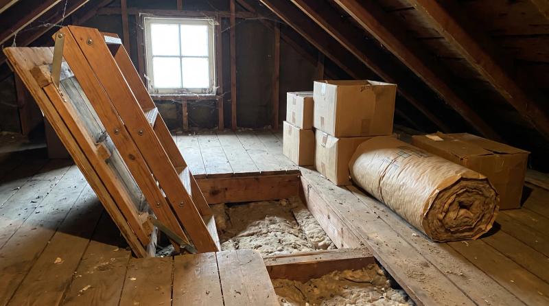 Cluttered residential attic with rafters, boxes, and old insulation ready for an attic cleanout in Garden City, Idaho