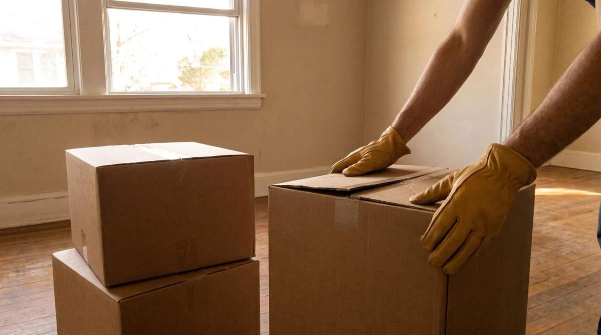 Gloved hands closing a plain cardboard box during a residential hoarding cleanup in a Boise, Idaho living room