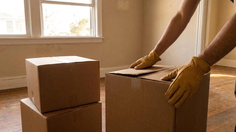Gloved hands closing a plain cardboard box during a residential hoarding cleanup in a Boise, Idaho living room