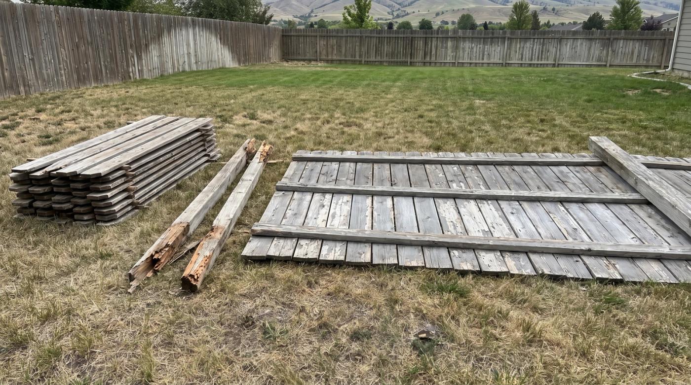 Storm-damaged wooden fence panels and stacked pickets lying on a backyard lawn in Boise, Idaho, ready for fence removal