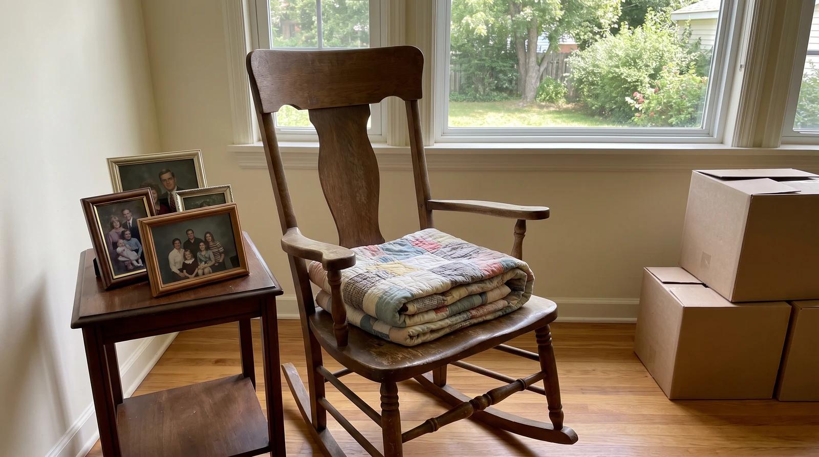 Handmade quilt folded on a rocking chair next to framed family photos set aside during an estate cleanout in Middleton, Idaho