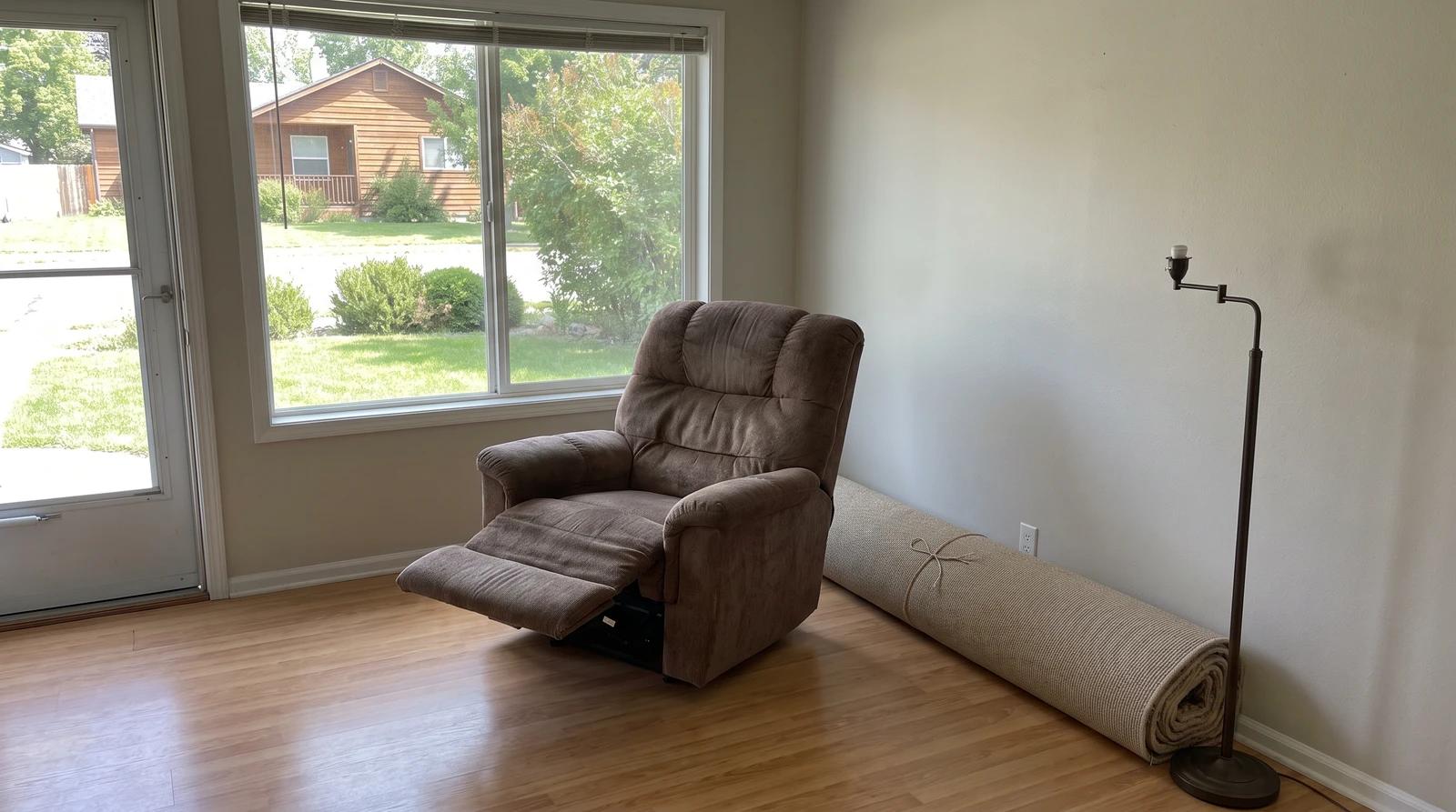 Old brown recliner ready for furniture removal in a cleared-out living room in Eagle, Idaho
