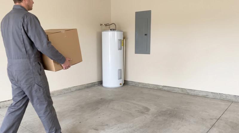 Cleared garage corner with a water heater and electrical panel ready for a home inspection after a property cleanout in Boise, Idaho