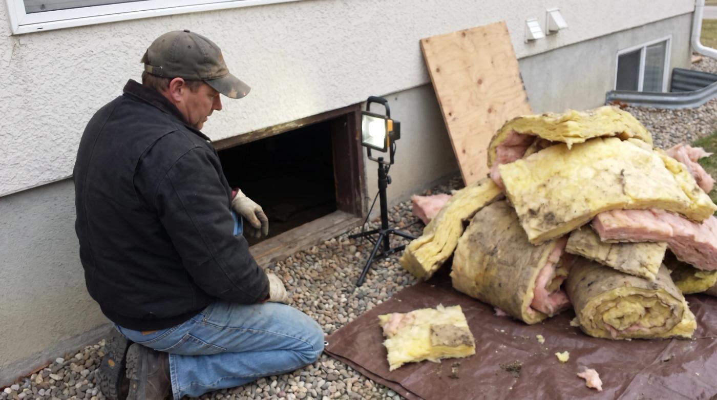 Worker kneeling at an open crawl space hatch during a cleanout at a home in Kuna, Idaho, with a work light and removed insulation beside the opening