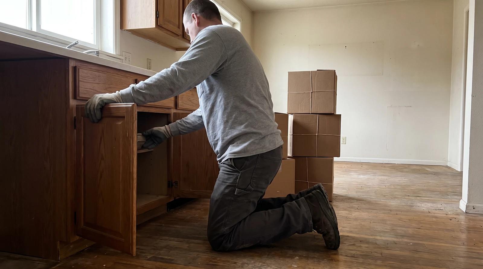 Worker checking under a kitchen sink during a probate estate cleanout of an empty house in Middleton, Idaho