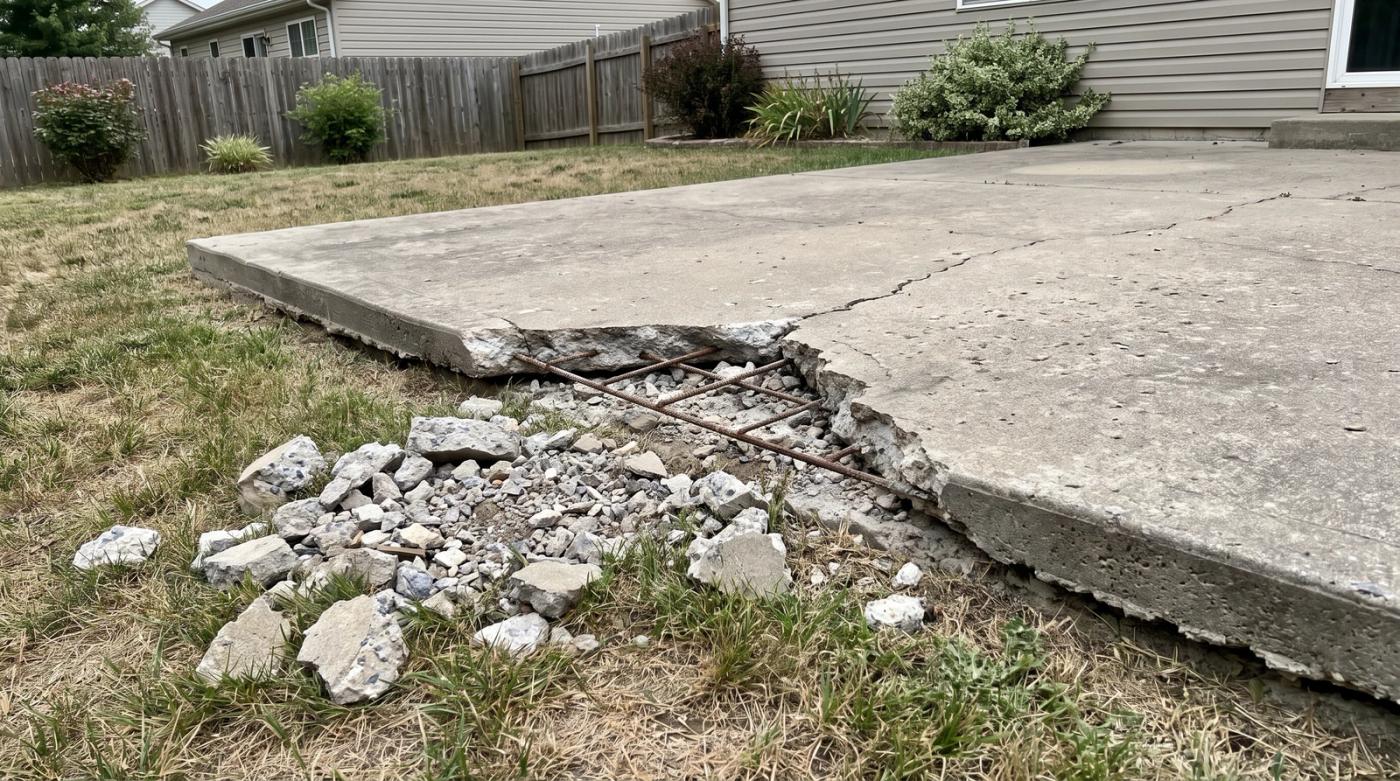 Broken concrete patio slab with exposed rebar and a pile of concrete chunks during a concrete removal job in Boise, Idaho