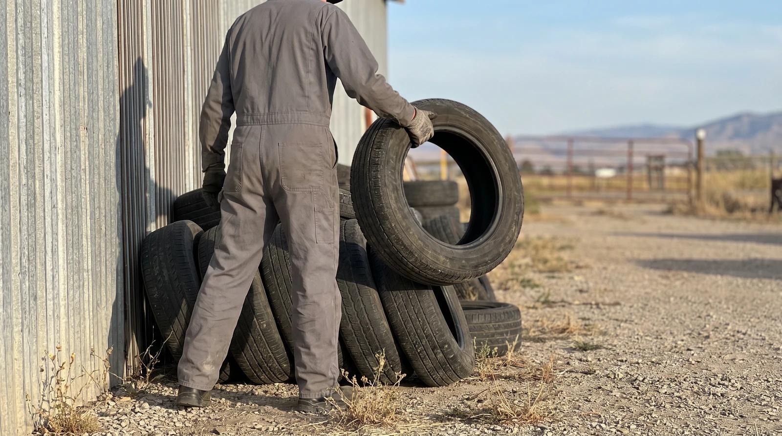 Worker in plain work clothes lifting a used tire off a stacked pile in a shop yard in Kuna, Idaho, ready for commercial tire removal