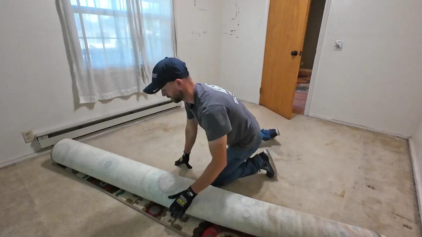 Top Shelf crew rolling up old carpet during a removal job in Boise Idaho