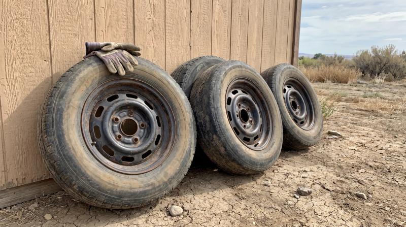 Old tires still mounted on steel rims stacked in a Boise, Idaho garage, waiting for tire disposal