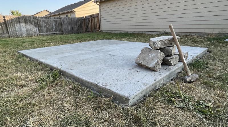 Empty concrete shed slab left in a backyard after shed demolition in Caldwell, Idaho, with broken concrete pieces piled at one corner
