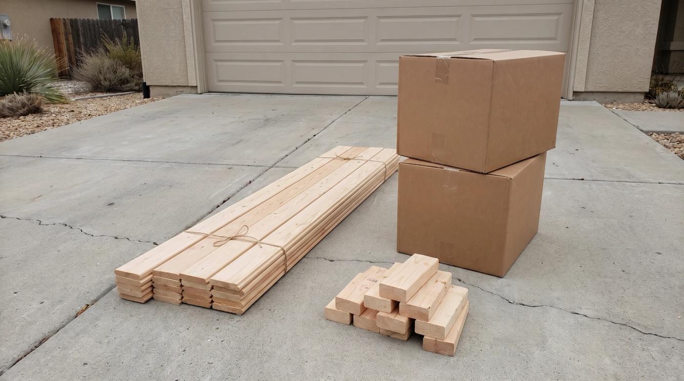 Leftover building materials sorted into neat stacks of tile boxes, trim boards, and scrap lumber on a driveway outside a home in Kuna, Idaho
