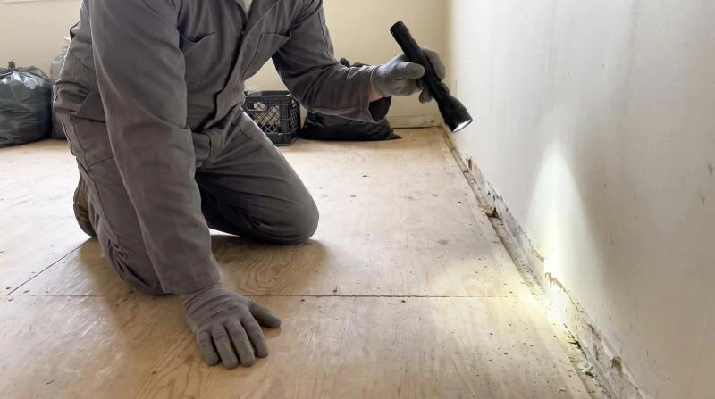 Technician using a flashlight to check bare subfloor and the base of a wall for a hidden odor source in a Middleton, Idaho home