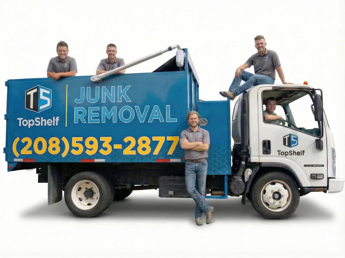 Top Shelf Junk Removal truck and crew in Boise Idaho - professional junk removal team with branded truck