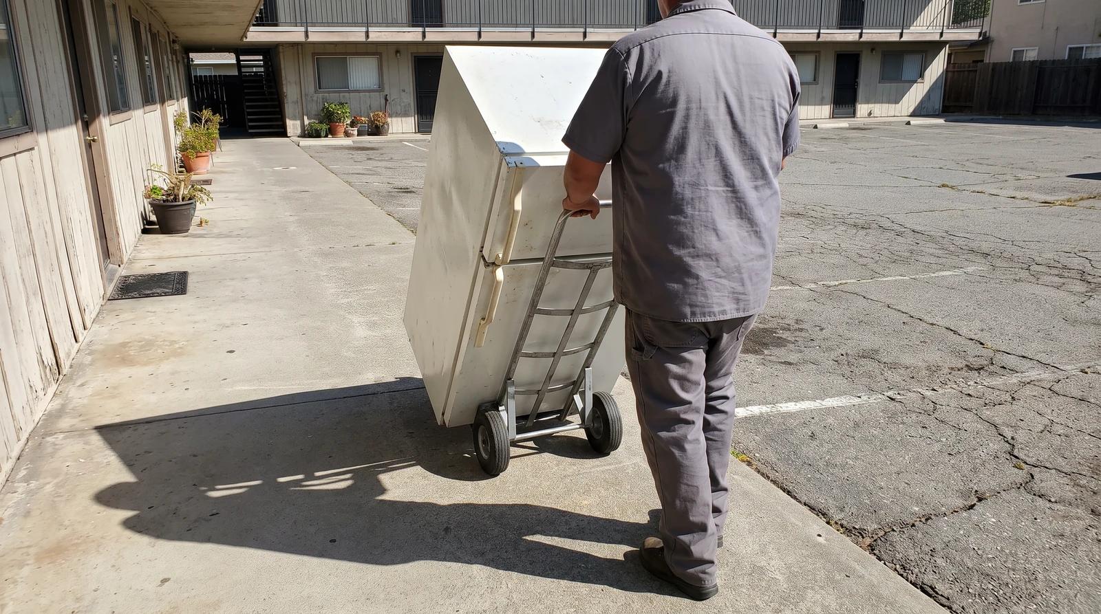 Worker moving an old refrigerator on a dolly outside an apartment building in Garden City, Idaho during bulk appliance removal