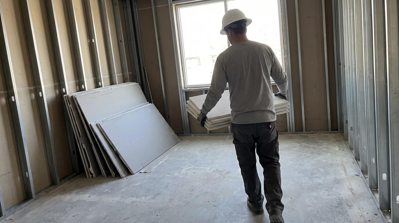 Worker carrying ceiling tiles past exposed metal studs and a pile of drywall during a commercial demolition of a leased office suite in Eagle, Idaho