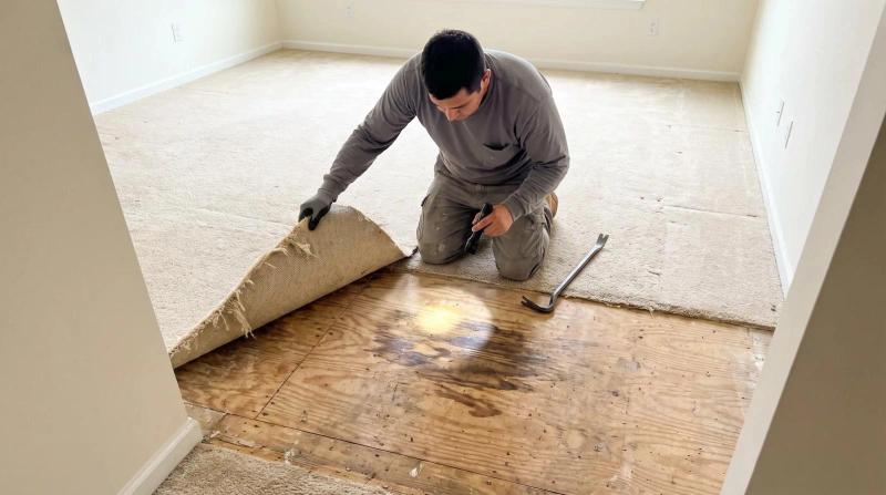 Worker checking exposed subfloor with a flashlight after a residential hoarding cleanup in a Boise, Idaho home