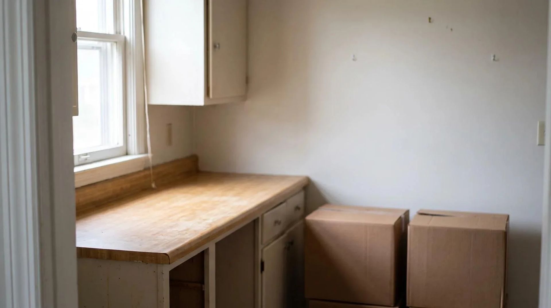 Cleared kitchen counter and two plain packed boxes during a residential hoarding cleanup in a Nampa, Idaho home