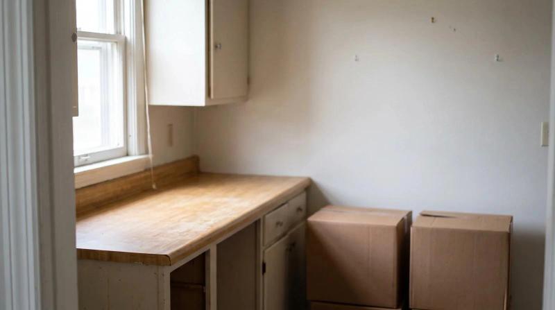Cleared kitchen counter and two plain packed boxes during a residential hoarding cleanup in a Nampa, Idaho home