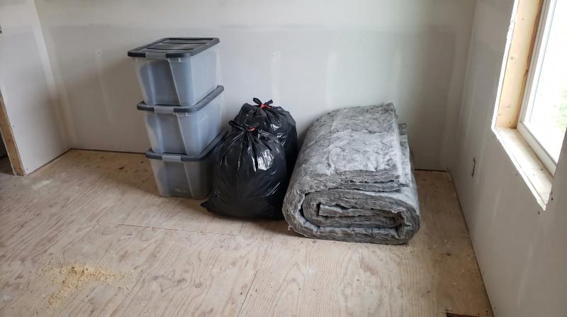 Sealed storage totes, tied contractor bags, and removed insulation stacked on a plywood floor after an attic cleanout in Nampa, Idaho