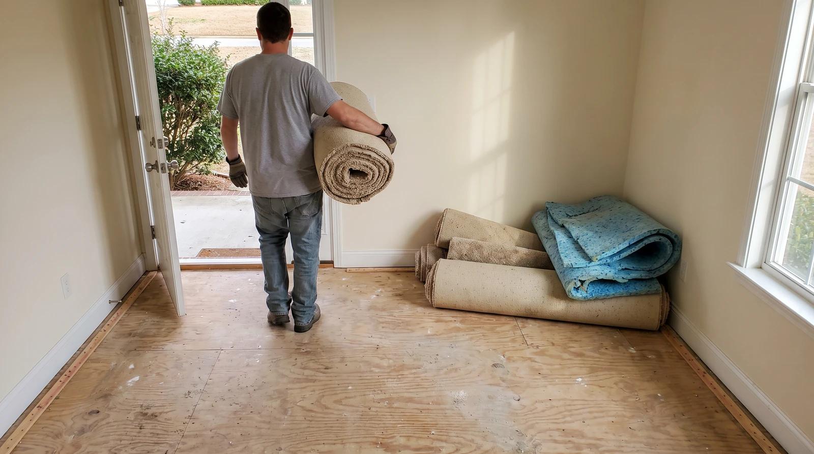 Rolled old carpet and pad stacked on a bare subfloor during a carpet removal job in a Garden City, Idaho home