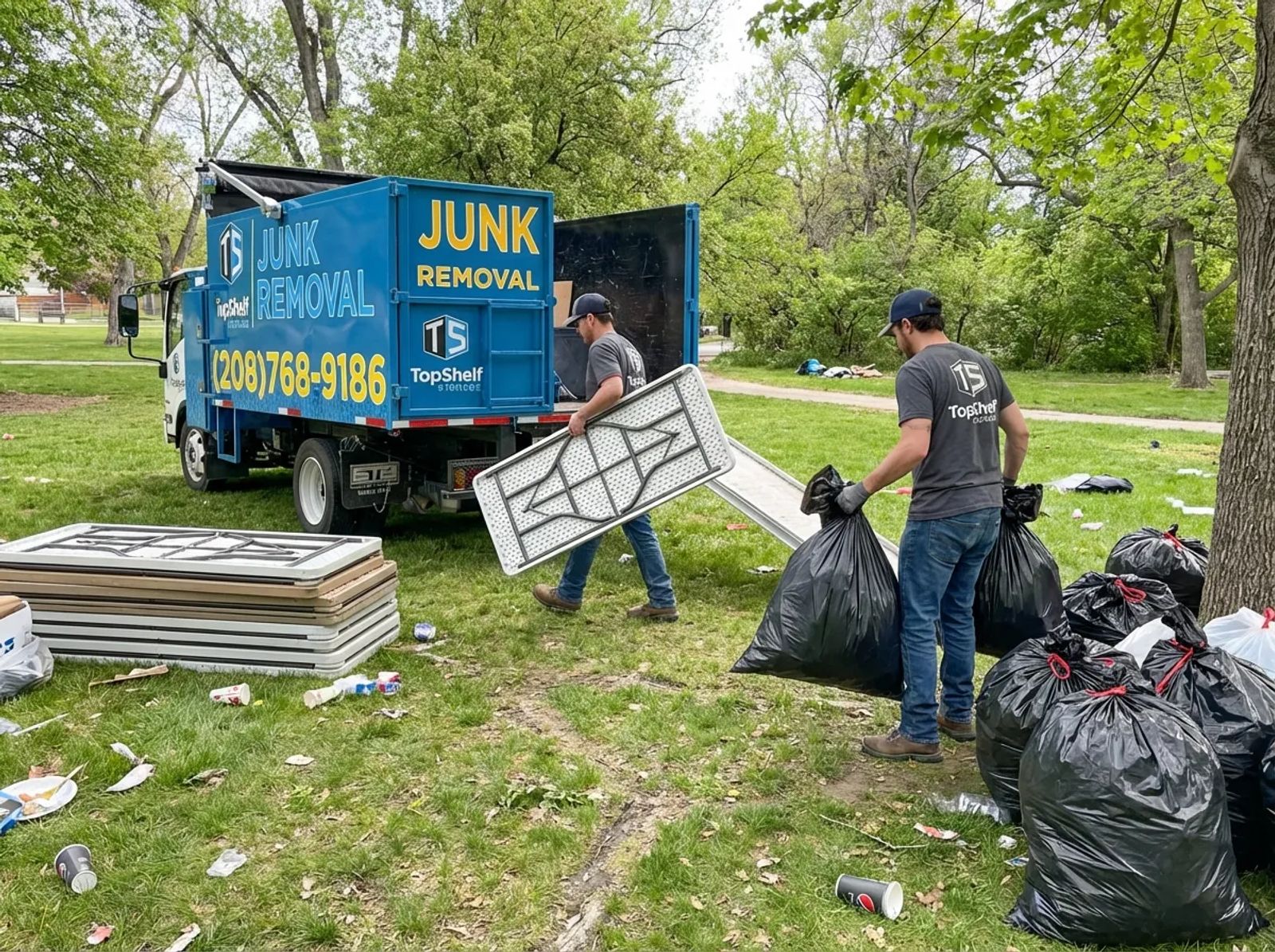 Top Shelf crew cleaning up event debris at a property in Star Idaho