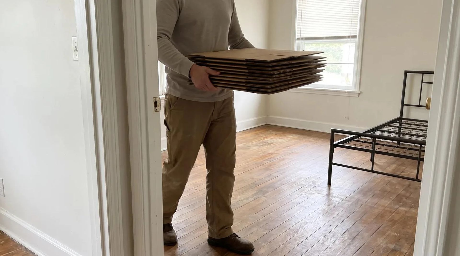 Worker in plain clothes carrying empty cardboard boxes into a cleared bedroom during an estate cleanout at a home in Caldwell, Idaho