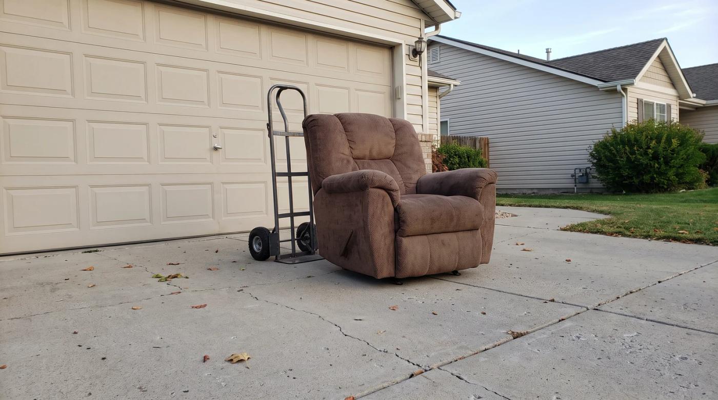 Worn recliner on a Boise driveway next to a hand dolly, waiting for single-item junk removal