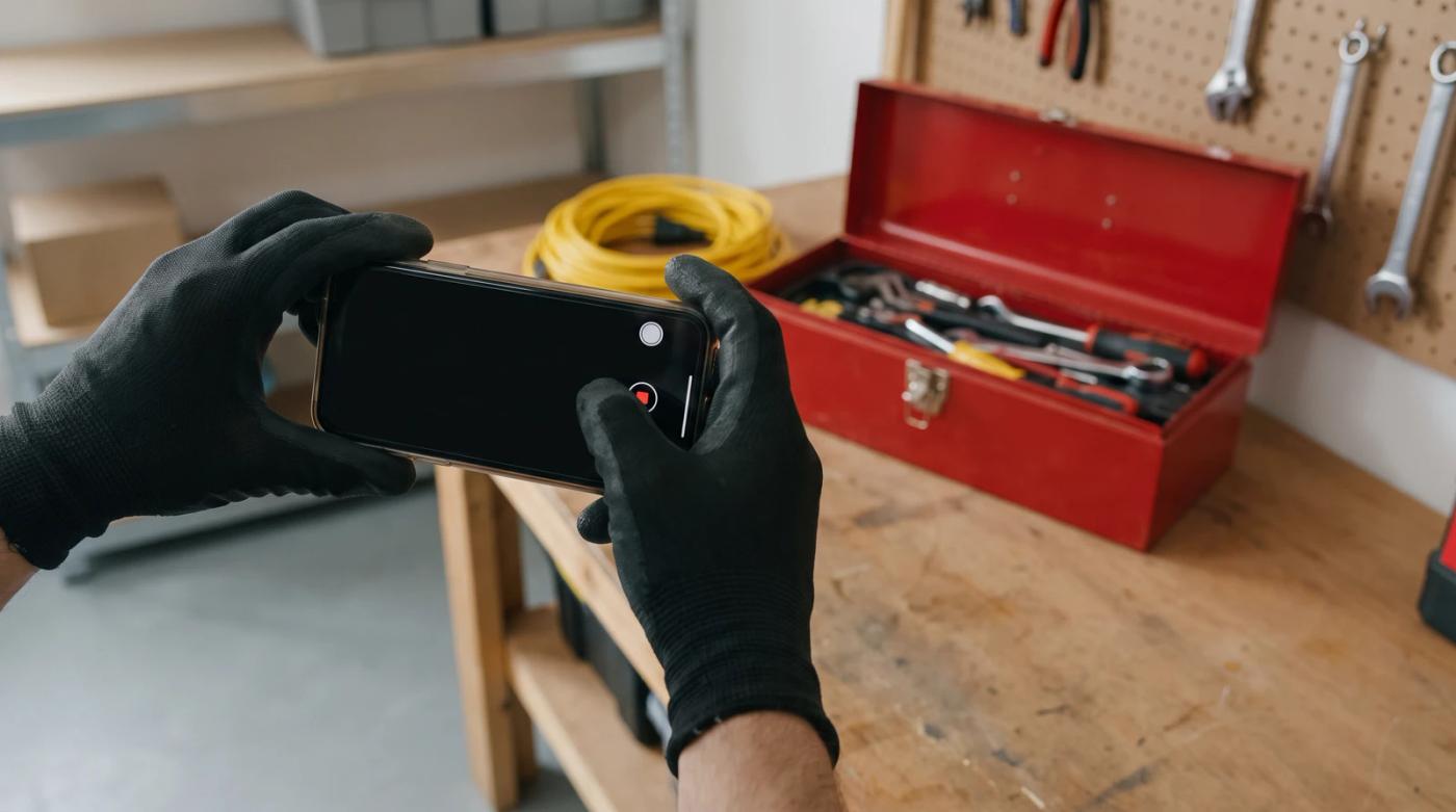 Hands holding a smartphone to film an open toolbox and extension cord on a garage workbench for Google Business Profile video verification