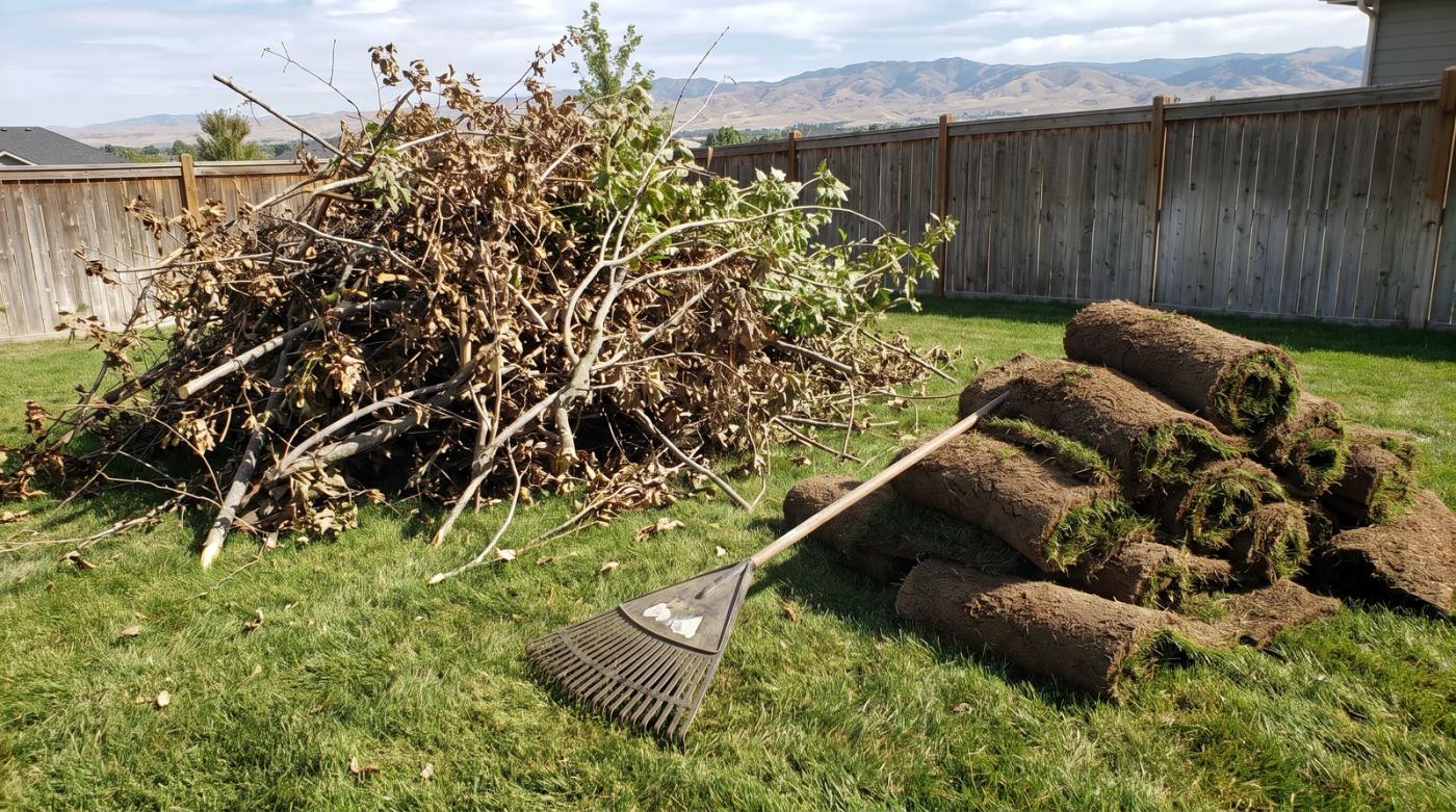 Cut tree branches piled beside rolled sod strips on a backyard lawn with a rake on the grass.