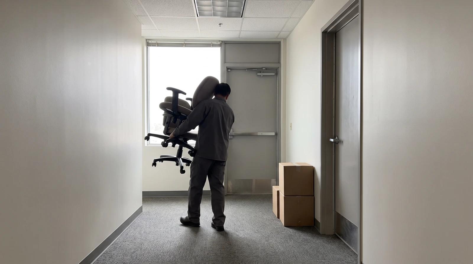 Worker carrying old office chairs down a quiet back hallway during an early-morning commercial property cleanout in Meridian, Idaho