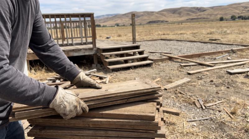 Worker stacking old deck boards from a removed mobile home deck on an empty lot in Middleton, Idaho