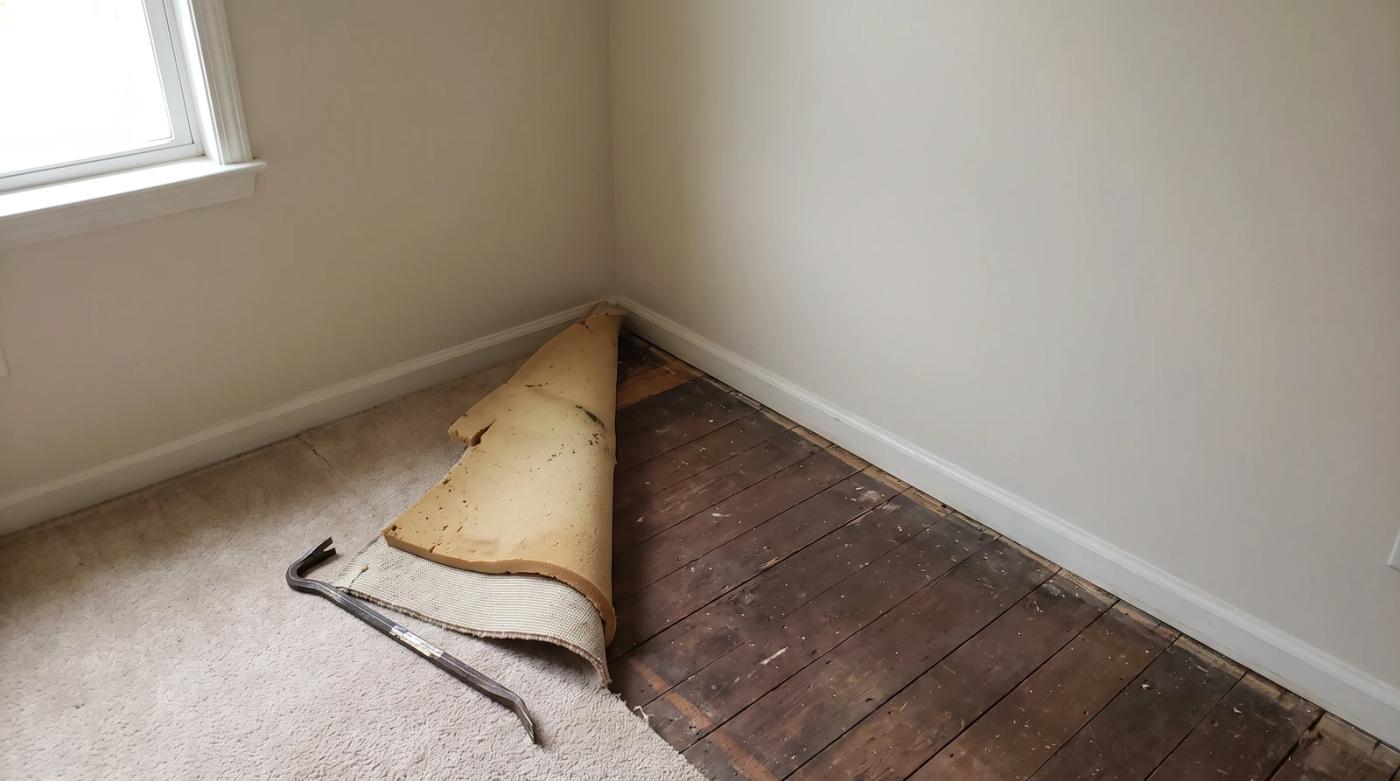 Carpet peeled back to reveal padding and subfloor during a pet-stain carpet removal job in a Meridian, Idaho home.