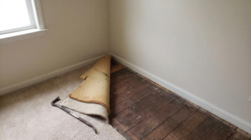 Carpet peeled back to reveal padding and subfloor during a pet-stain carpet removal job in a Meridian, Idaho home.