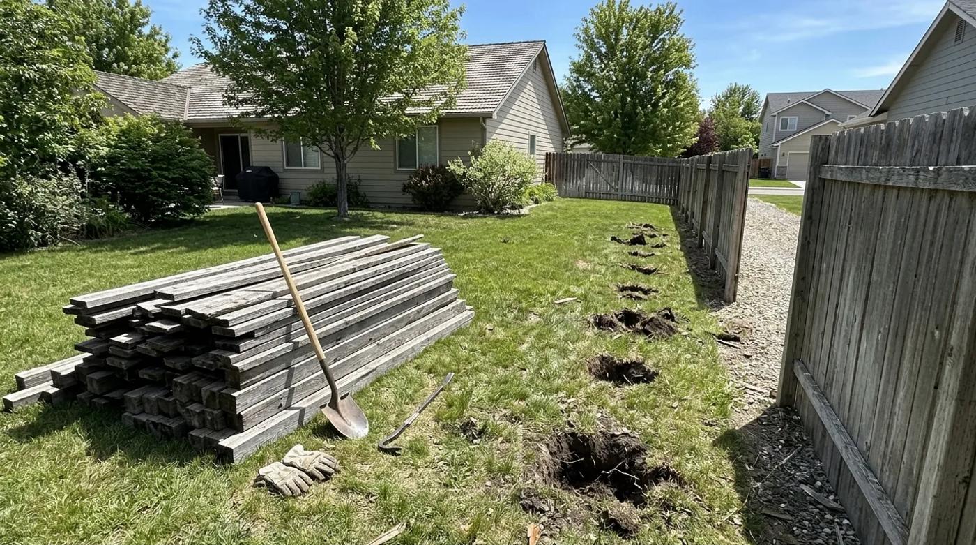 Stack of weathered fence boards and open post holes along a partially removed backyard fence line in Boise, Idaho