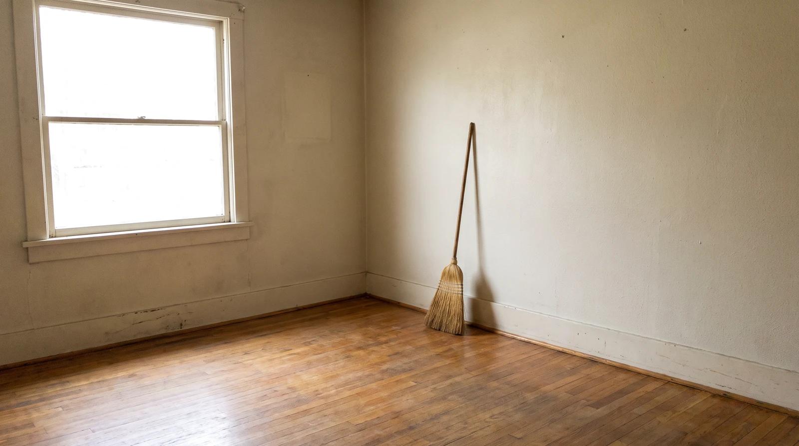 Empty living room with bare hardwood floors and a broom leaning against the wall after a whole house estate cleanout in Meridian, Idaho
