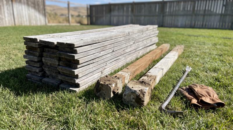 Old fence boards and posts with concrete footings pulled out during a fence demolition job in a Caldwell, Idaho backyard