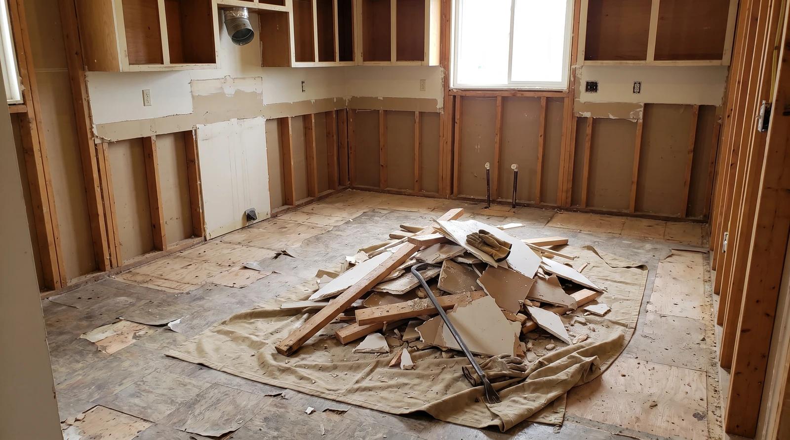 Broken drywall and old lumber piled on a tarp in a gutted kitchen during demolition cleanup in Emmett, Idaho