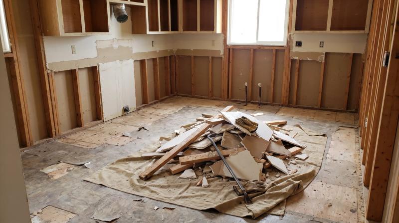 Broken drywall and old lumber piled on a tarp in a gutted kitchen during demolition cleanup in Emmett, Idaho