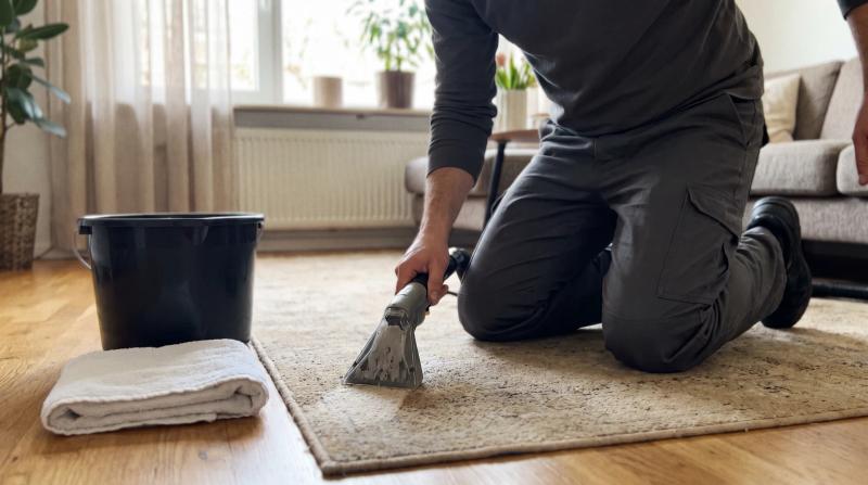 Carpet cleaner in plain work clothes cleaning a living room rug with a handheld tool, bucket and towel nearby