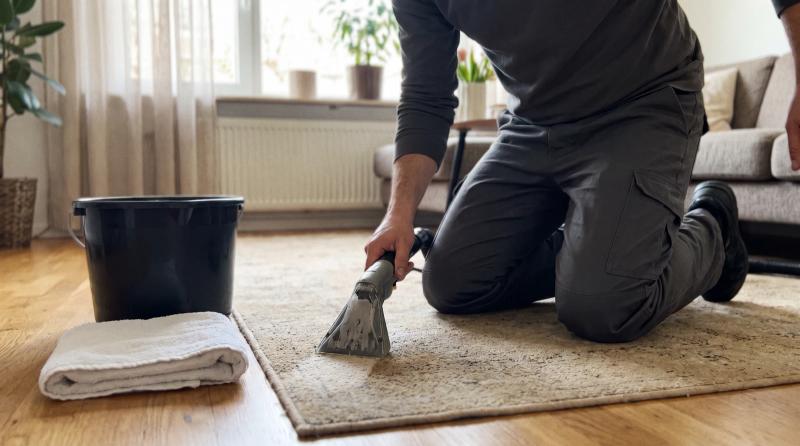 Carpet cleaner in plain work clothes cleaning a living room rug with a handheld tool, bucket and towel nearby