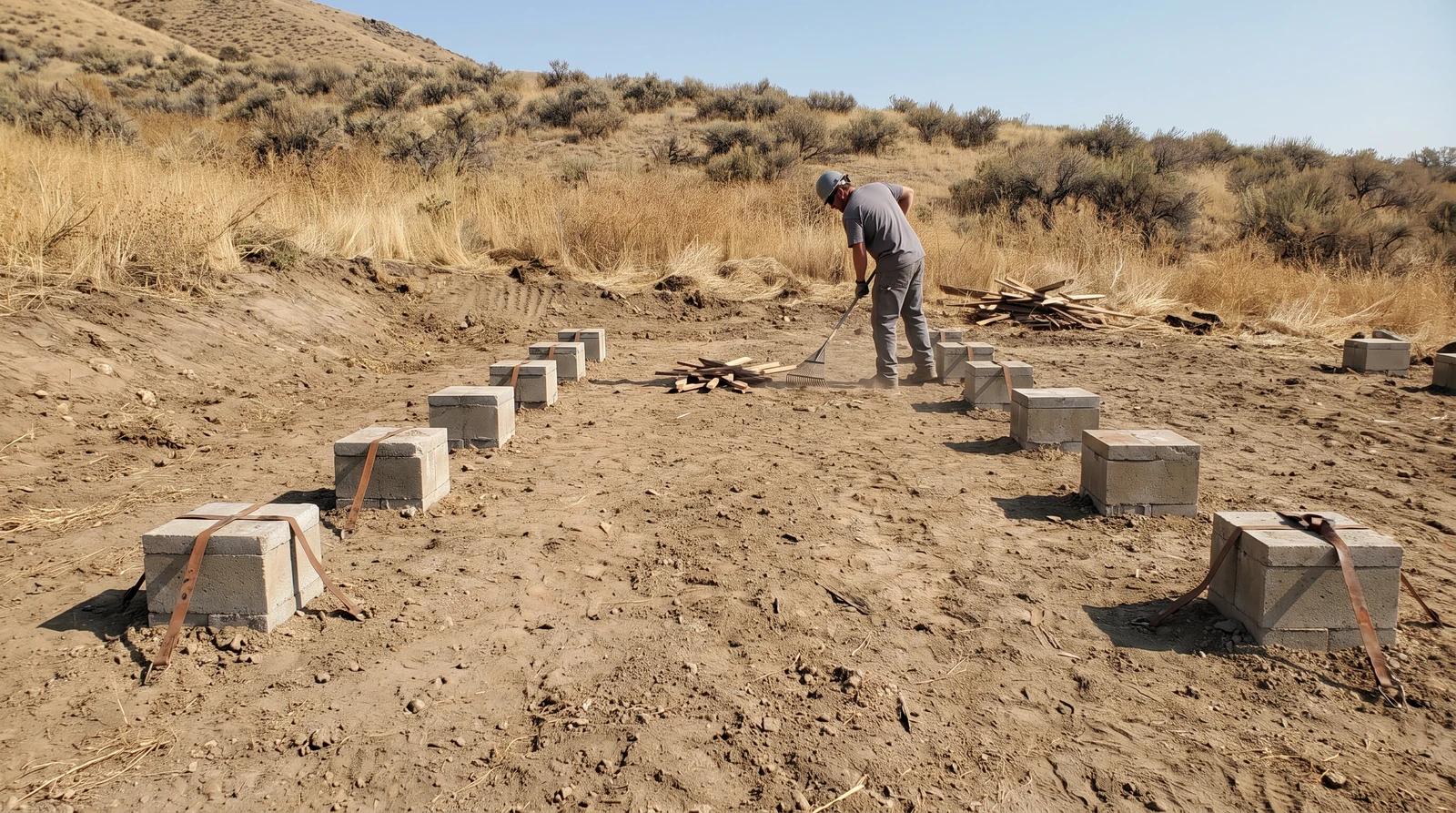 Worker raking debris around concrete piers on a cleared mobile home lot in Boise, Idaho