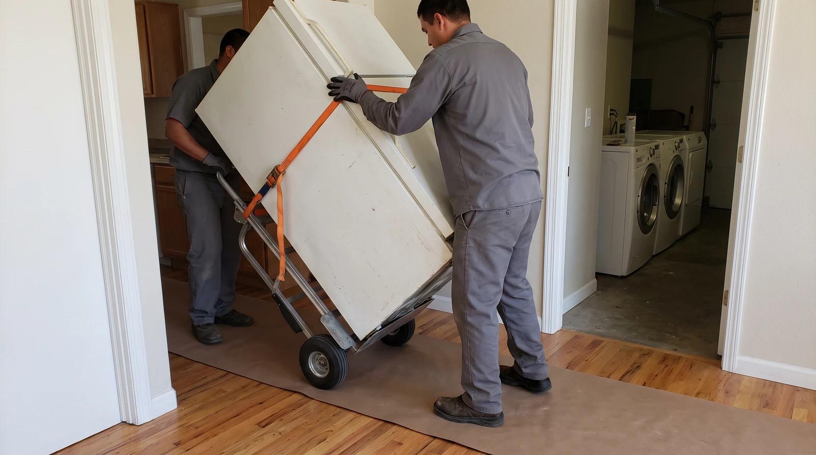 Two workers guiding an old refrigerator on a dolly through a narrow kitchen doorway over floor protection in a Meridian, Idaho home