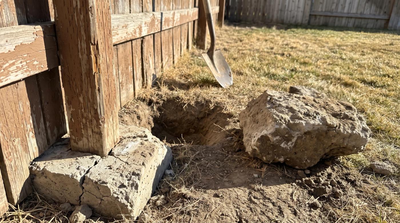 Old wooden fence post set in concrete next to a pulled footing and an open hole during fence removal in Boise, Idaho