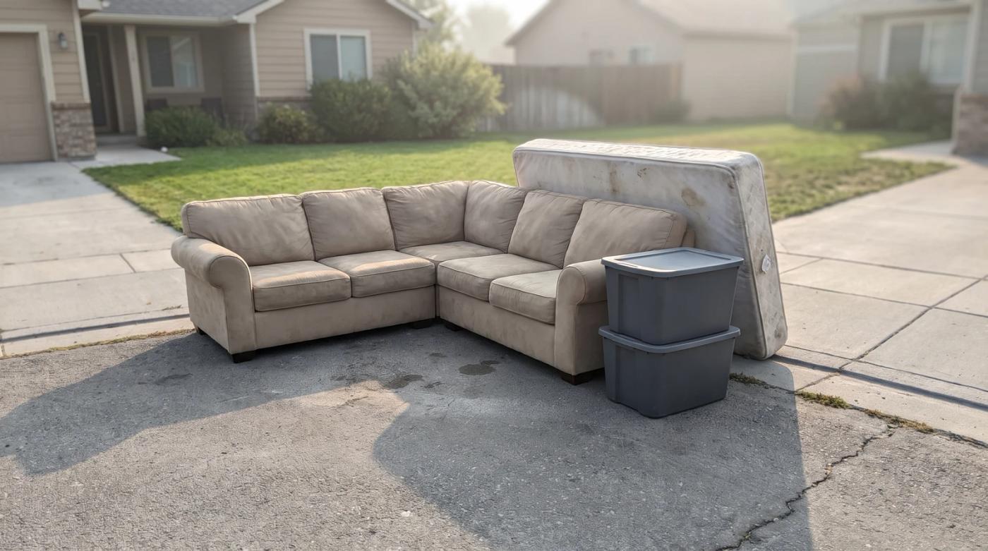 Sectional couch, mattress, and plastic totes stacked on a residential driveway for bulk trash removal in Meridian, Idaho