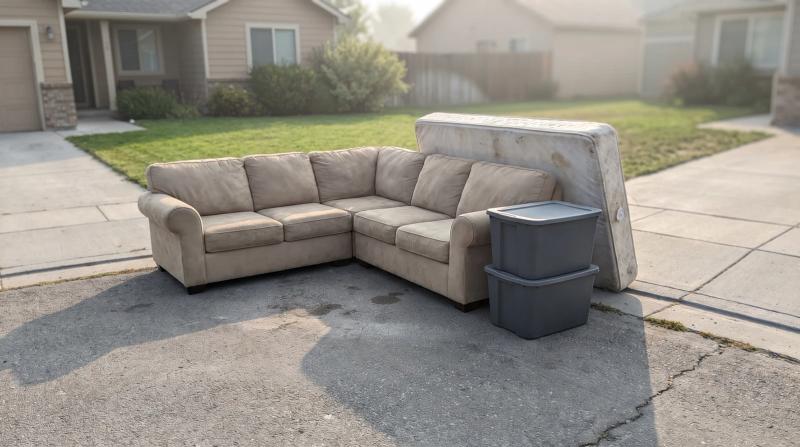 Sectional couch, mattress, and plastic totes stacked on a residential driveway for bulk trash removal in Meridian, Idaho