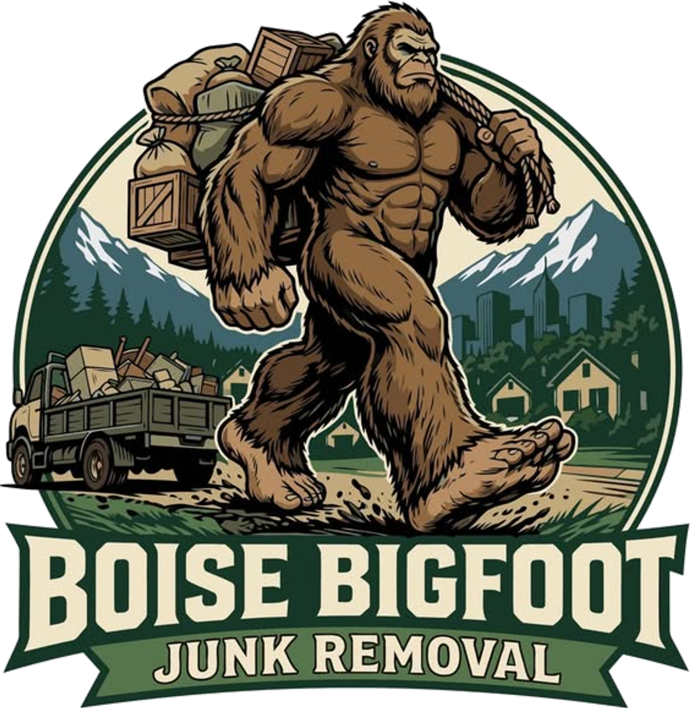 Boise Bigfoot Junk Removal emblem: Bigfoot carrying a load of junk with the Boise foothills behind