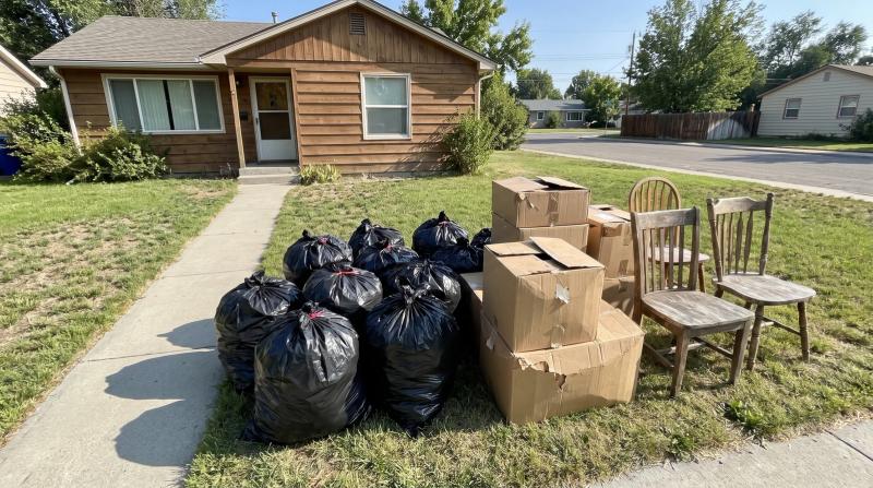 Sorted trash bags, boxes, and old chairs stacked on a front lawn during a hoarding cleanup at a home in Garden City, Idaho