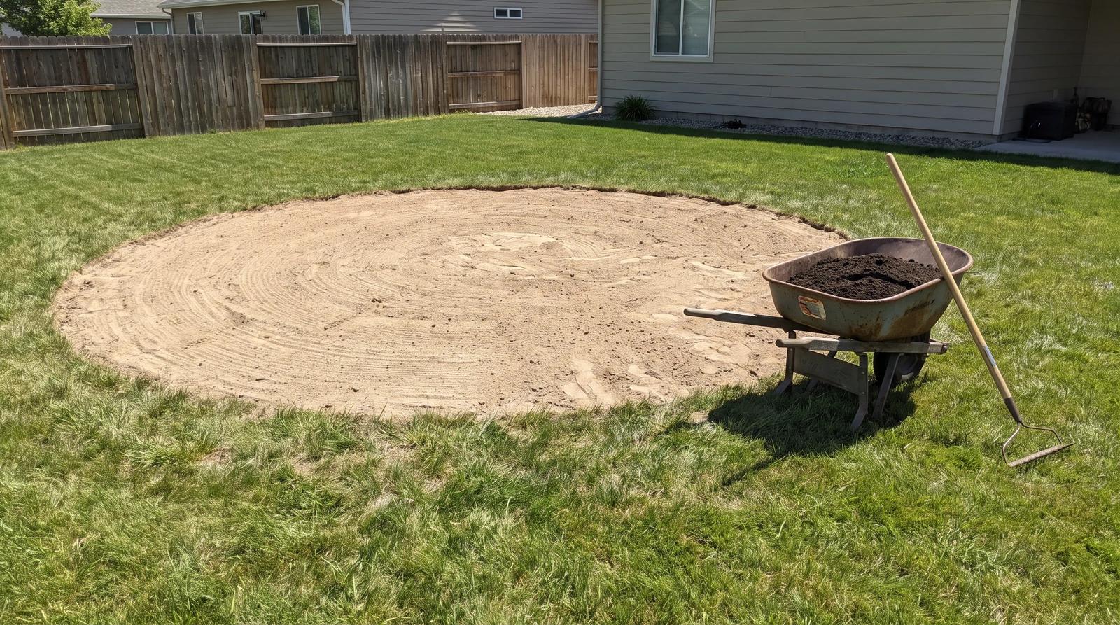 Bare sand circle left in a Middleton, Idaho backyard after an above ground pool was removed, with a rake and a wheelbarrow of topsoil nearby