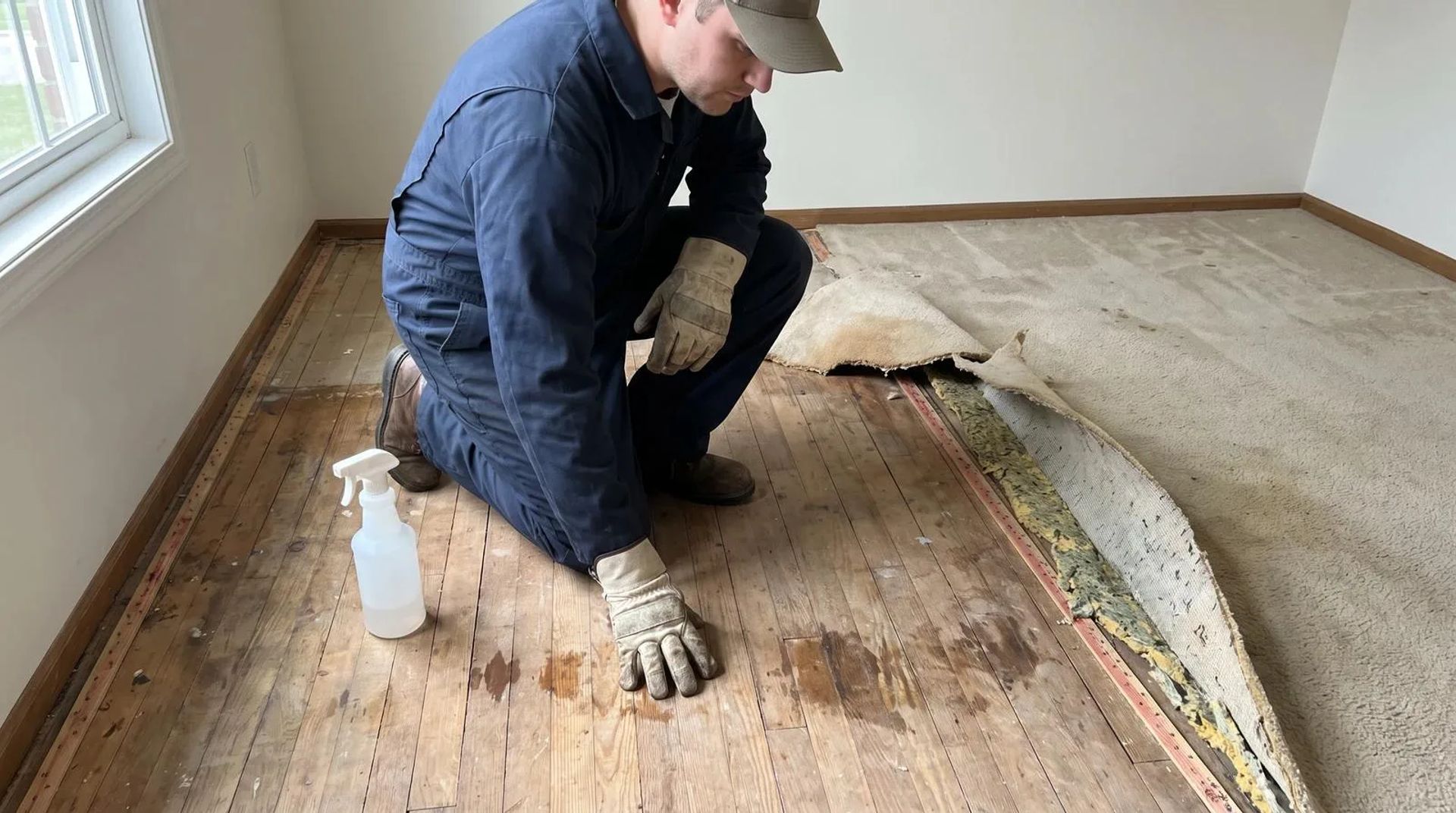 A worker in plain coveralls kneeling on exposed subfloor during a biohazard cleaning in a Boise, Idaho home, with carpet pulled back and a spray bottle nearby.